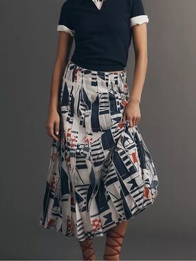 Maeve Anthropologie Graphic Nautical Sailor Tiger Piped Midi Skirt XXS OO